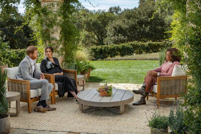 UNSPECIFIED - UNSPECIFIED: In this handout image provided by Harpo Productions and released on March 5, 2021, Oprah Winfrey interviews Prince Harry and Meghan Markle on A CBS Primetime Special premiering on CBS on March 7, 2021. (Photo by Harpo Productions/Joe Pugliese via Getty Images)