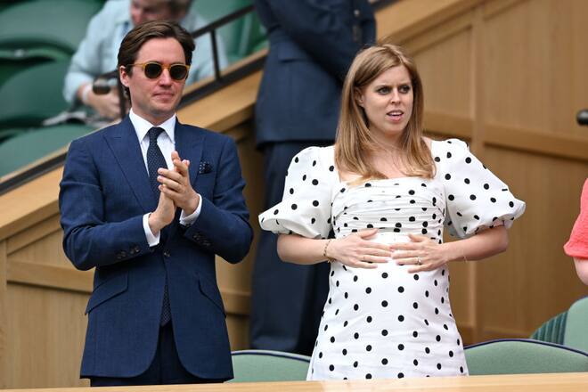 LONDON, ENGLAND - JULY 08: Edo Mapelli Mozzi and Princess Beatrice, Mrs Edoardo Mapelli Mozzi attend day 10 of the Wimbledon Tennis Championships at the All England Lawn Tennis and Croquet Club on July 08, 2021 in London, England. (Photo by Karwai Tang/WireImage)