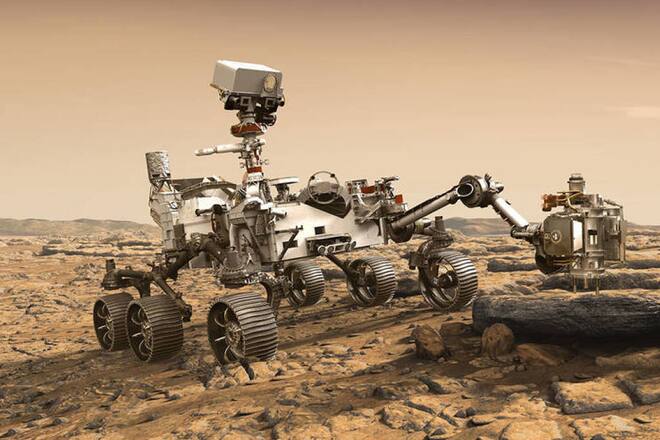 Nasa-Illustration: Der Rover Perseverance untersucht einen Mars-Stein. Ab 17. Juli gilt's ernst, dann startet "Duchhaltevermögen" als 5. Mars-Rover Richtung Roter Planet. (NASA/JPL-Caltech)