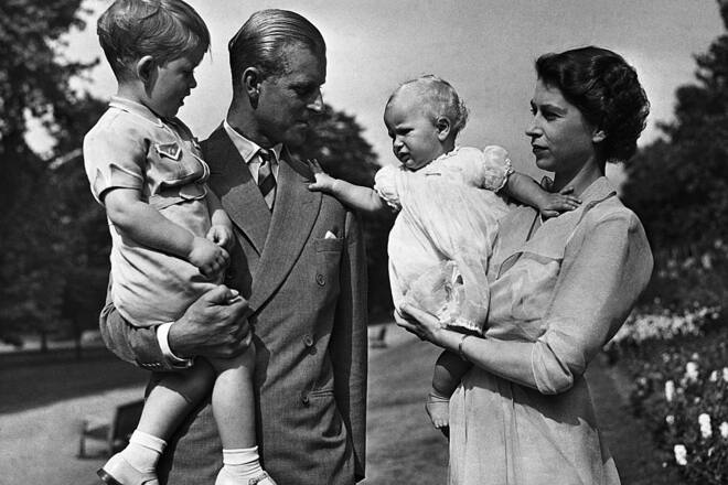 Princess Elizabeth with her husband Philip, son Charles and daughter Anne. She is the future Queen Elizabeth II of England. (Photo by © Hulton-Deutsch Collection/CORBIS/Corbis via Getty Images)