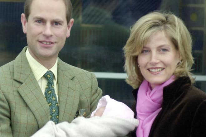 The Earl and Countess of Wessex leave Frimley Park Hospital in Surrey with their baby daughter. The child, as yet unamed, was born prematurely by emergency caesarian section. The baby was later named Lady Louise.  26/11/03: The baby has been named as Louise Alice Elizabeth Mary Mountbatten-Windsor. She was born prematurely by emergency caesarian section on November 8, 2003.   (Photo by Johnny Green - PA Images/PA Images via Getty Images)