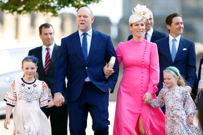 WINDSOR, UNITED KINGDOM - APRIL 09: (EMBARGOED FOR PUBLICATION IN UK NEWSPAPERS UNTIL 24 HOURS AFTER CREATE DATE AND TIME) Mia Tindall, Mike Tindall, Zara Tindall and Lena Tindall attend the traditional Easter Sunday Mattins Service at St George's Chapel, Windsor Castle on April 9, 2023 in Windsor, England. (Photo by Max Mumby/Indigo/Getty Images)