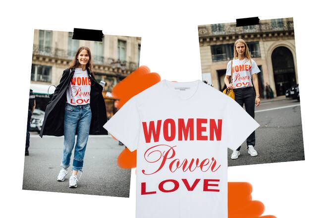 Collage Street Style an der Fashion Week Paris hier mit einem T-Shirt von Stella McCartney