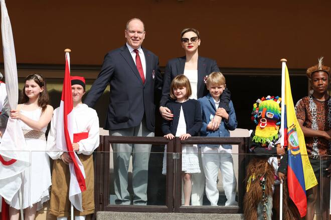 MONACO, MONACO - APRIL 22: (EDITOR'S NOTE : NO TABLOIDS WEB & PRINT, NO DAILY MAIL, NO DAILY MAIL GROUP, NO VOICI, NO CLOSER) (L-R) Prince Albert II of Monaco, Princess Charlene of Monaco, Princess Gabriella of Monaco and Prince Jacques of Monaco attend the Sainte Devote Rugby Tournament on April 22, 2023 in Monaco, Monaco. (Photo by Pascal Le Segretain/SC Pool - Corbis/Corbis via Getty Images)