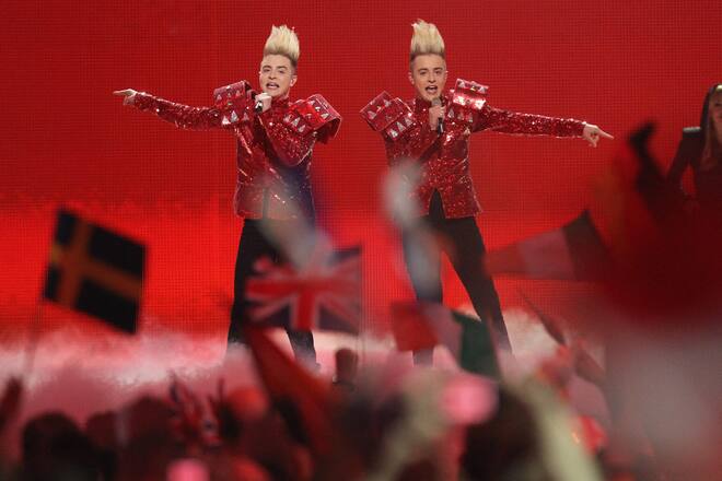 DUESSELDORF, GERMANY - MAY 14: John and Edward Grimes of the band Jedward from Ireland peform in the grand finale of the Eurovision Song Contest 2011 on May 14, 2011 in Dusseldorf, Germany. (Photo by Sean Gallup/Getty Images)