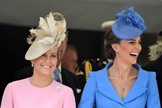 WINDSOR, ENGLAND - JUNE 13: Catherine, Duchess of Cambridge (R) and Sophie, Countess of Wessex attend the Order of the Garter Service at St George's Chapel on June 13, 2022 in Windsor, England. (Photo by Toby Melville - WPA Pool/Getty Images)