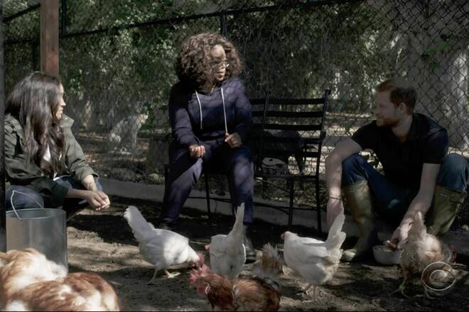 Screen grabs of Meghan Markle and Prince Harry being interviewed by Oprah Winfrey on CBS, Sunday, March 7, 2021. Credit: CBS