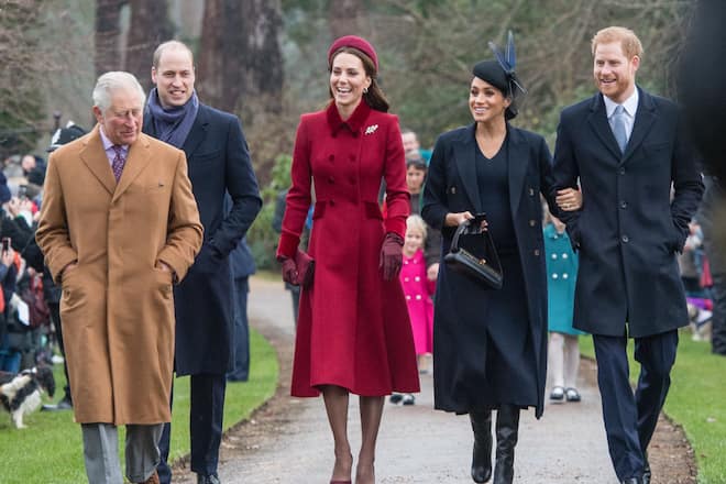 KING'S LYNN, ENGLAND - DECEMBER 25: Prince Charles, Prince of Wales, Prince William, Duke of Cambridge, Catherine, Duchess of Cambridge, Meghan, Duchess of Sussex and Prince Harry, Duke of Sussex attend Christmas Day Church service at Church of St Mary Magdalene on the Sandringham estate on December 25, 2018 in King's Lynn, England. (Photo by Samir Hussein/Samir Hussein/WireImage)
