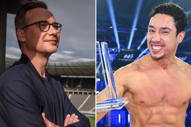 Matthias Opdenhövel (l.) moderierte das Bundesliga-Match in Sat.1, René Casselly holte den 1. Platz beim RTL-«Turmspringen». Welche Sendung schnitt bei den Quote besser ab?