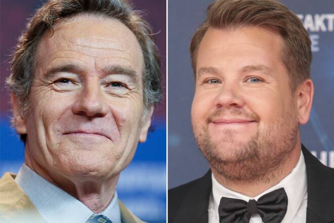 Peinliches Treffen von Bryan Cranston (l.) und James Corden.