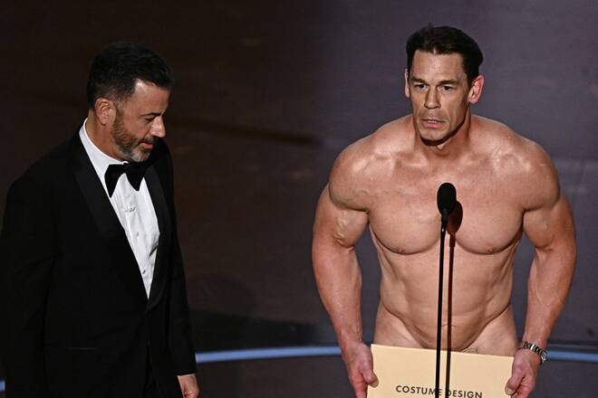 Erinnerung an den Oscar-Flitzer vor 50 Jahren: Jimmy Kimmel (l.) und John Cena.