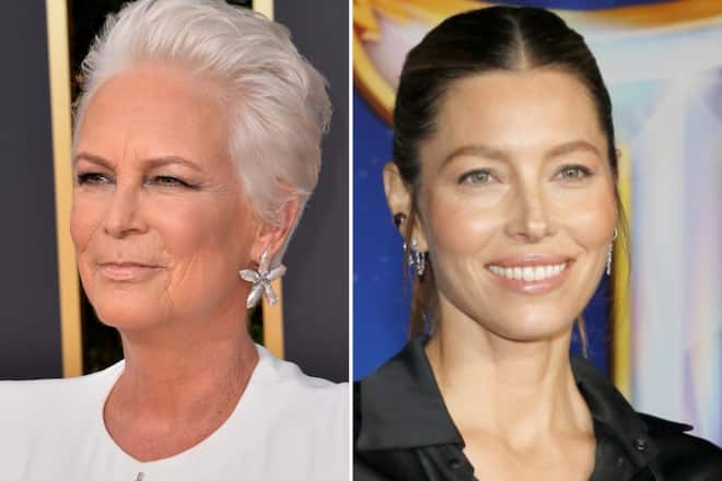 Jamie Lee Curtis (li.) und Jessica Biel zeigten sich bei Instagram mit Sonnenfinsternis-Brillen.
