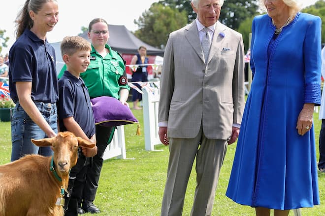 König Charles III., Königin Camilla und die Goldene Guernsey-Ziege Tamsin auf der Kanalinsel Guernsey.