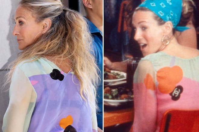 Sarah Jessica Parker recycelte für «And Just Like That...» 2024 (l.) einen Look von «Sex and the City» aus 2000 (r.).