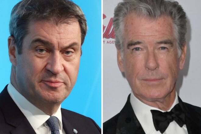Markus Söder (l.) beschreibt sich als grossen Kino- und Filmfan. Jetzt traf er im Kreis Landsberg auf Pierce Brosnan.