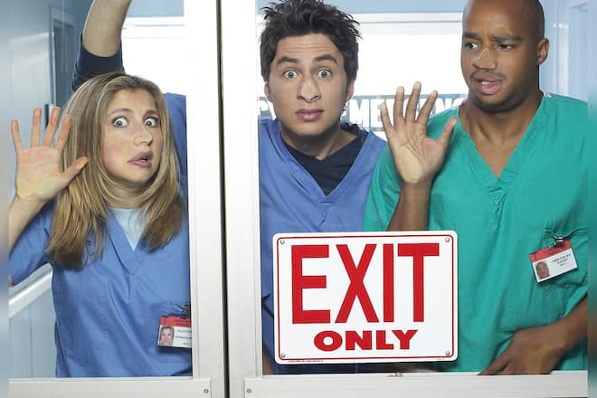 Die «Scrubs»-Stars Sarah Chalke, Zach Braff und Donald Faison.