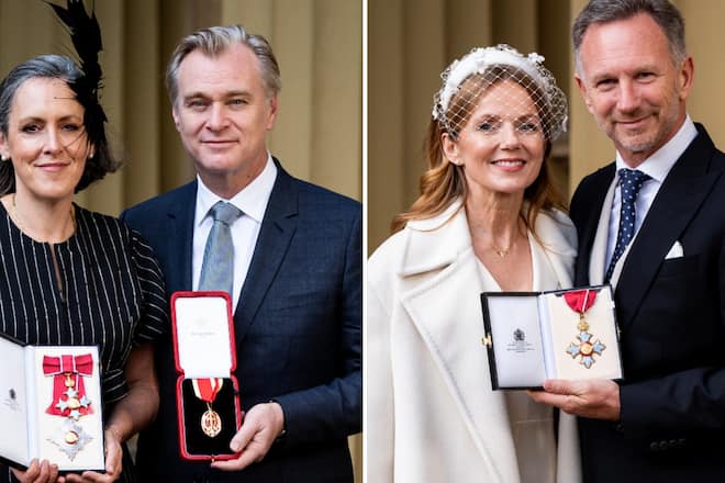 Links: Regisseur Christopher Nolan mit seiner Ehefrau, Filmproduzentin Emma Thomas. Und rechts: Christian Horner mit Ehefrau Geri Halliwell, auch bekannt als «Ginger Spice».