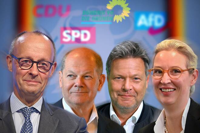 Wollen die nächste Regierung anführen: Friedrich Merz (CDU), Olaf Scholz (SPD), Robert Habeck (Bündnis 90/Die Grünen) und Alice Weidel (AfD)