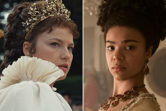 «Die Kaiserin» Devrim Lingnau (l.) und «Queen Charlotte» India Amarteifio warten auf «Bridgerton»-Fans.