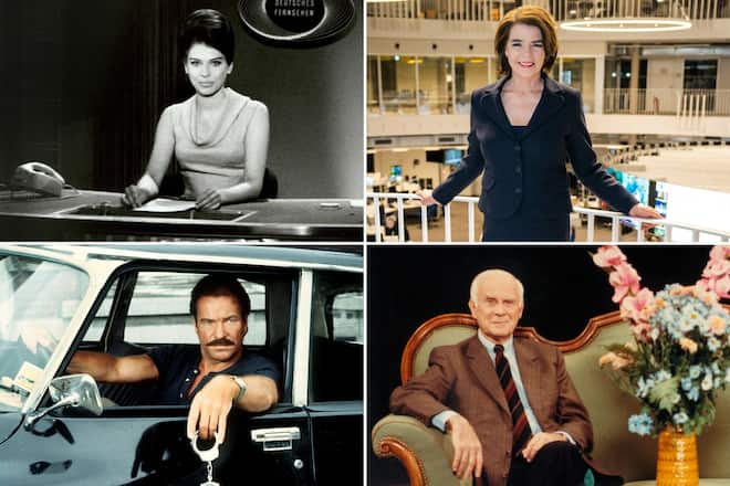Die ARD feiert 75-jähriges Jubiläum. Für den Erfolg des Ersten sorgten unter anderem: Programmansagerin Edith Grobleben (l.), Nachrichtensprecherin Susanne Daubner, Goetz George als Horst Schimanski (l.) und Vicco von Bülow als Loriot.