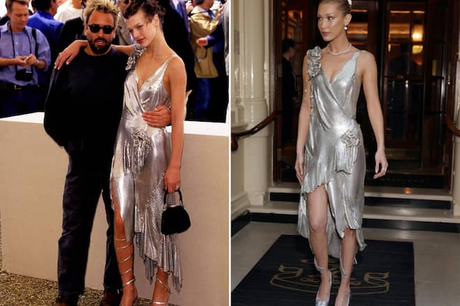 Im selben Kleid: Milla Jovovic 1997 (l.) und Bella Hadid in London.