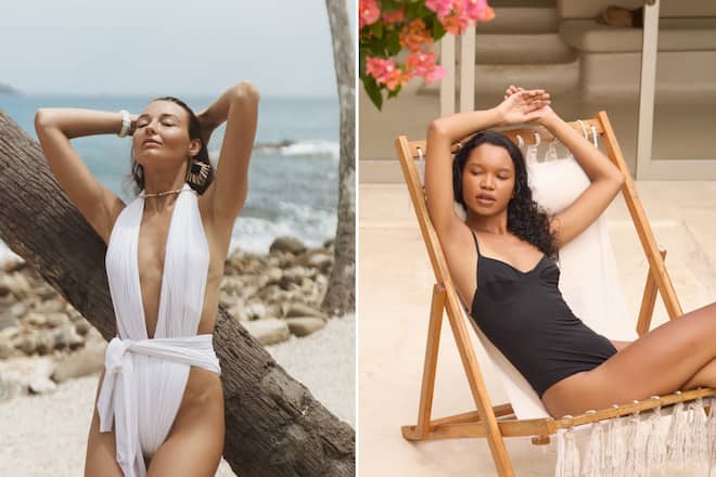 Badeanzüge mit tiefem Dekolleté sowie Bademode in geerdeten Farbtönen sind 2025 angesagte Swimwear-Trends.