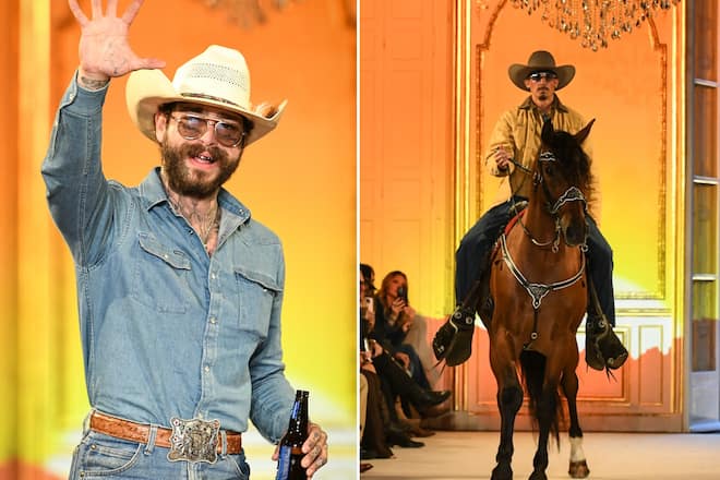 Post Malone und sein tierischer Gast mit Reiter auf dem Laufsteg.