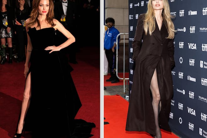 Angelina Jolie 2012 bei der Oscarverleihung und rechts beim Filmfestival in Toronto.