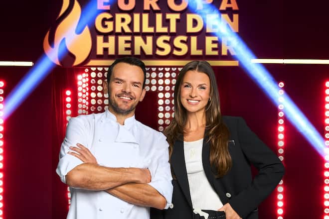 «Europa grillt den Henssler» mit Steffen Henssler und Moderatorin Laura Wontorra.