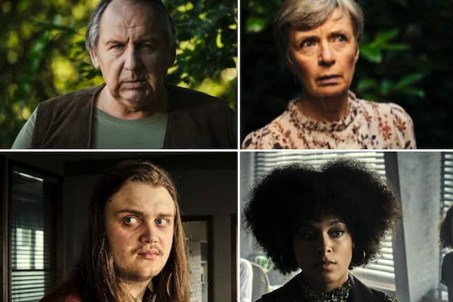 «Tatort: Mike & Nisha»: Nachbarin Gerlinde Wagner (Anna Stieblich, o.r.) und Nachbar Erwin Ramthor (Wolf Bachofner, o.l.) treffen auf Polizeiassistentin Mara Hermann (Davina Chanel Fox) und Assistent Nico Langenkamp (Johannes Scheidweiler).