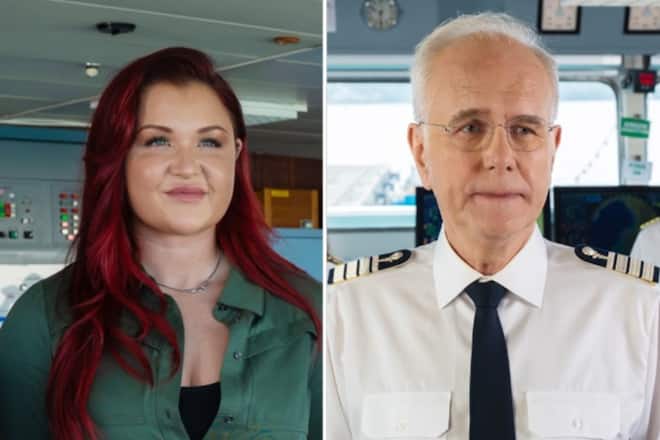 «Das Traumschiff: Auckland»: Reiseinfluencerin Nina Ahrens (Sophia Thiel) begeistert Kreuzfahrtdirektor Oskar Schifferle (Harald Schmidt).