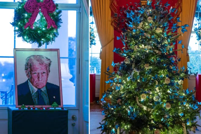 Melania Trump hat die Deko fürs Weisse Haus wie ein Lego-Porträt ihres Mannes und blaue Schmetterlinge am Baum selbst ausgewählt.