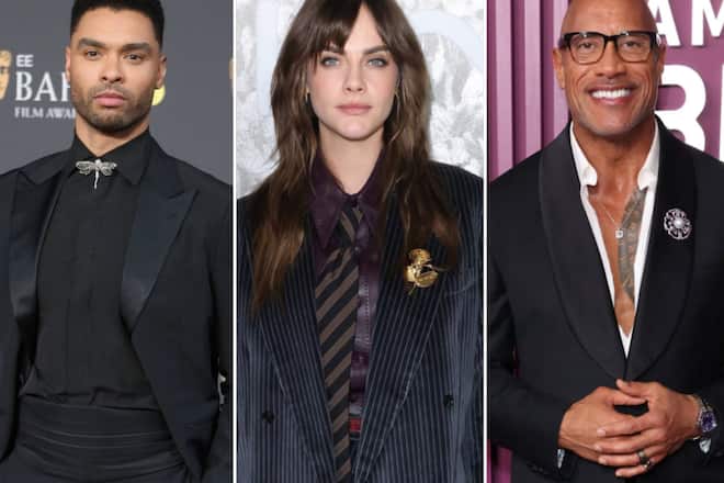Sind schon dabei beim Broschen-Trend: Regé-Jean Page (l.), Cara Delevingne und Dwayne Johnson.