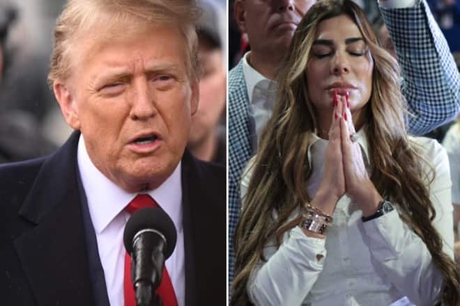 Ex-«Real Housewives of New Jersey»-Star Siggy Flicker hört mit geschlossenen Augen zu, als Donald Trump während einer Kundgebung an der Coastal Carolina University am 10. Februar 2024 in Conway, South Carolina, spricht.