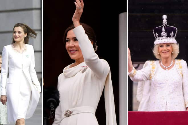 Bei den Krönungen ihrer Ehemänner wurden sie Königinnen (v.l.): Letizia, Mary und Camilla - alle zeigten sich in weissen Kleidern am Tag des Thronwechsels.