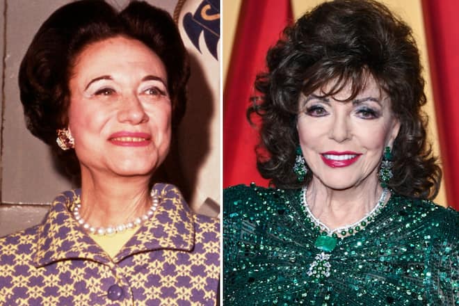 Wallis Simpson in den 1960er Jahren und Schauspielerin Joan Collins (r.) bei der Vanity Fair Oscar Party im März 2023.