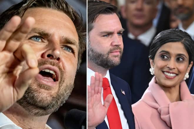 «Trumps Mann fürs Grobe - Wie viel Macht hat J.D. Vance?»: Vance bei einer Rede (l.) und bei der Vereidigung mit Ehefrau Usha.