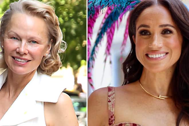 Pamela Anderson (li.) lässt sich von Vergleichsdebatten zu Herzogin Meghan nicht aus der Ruhe bringen.