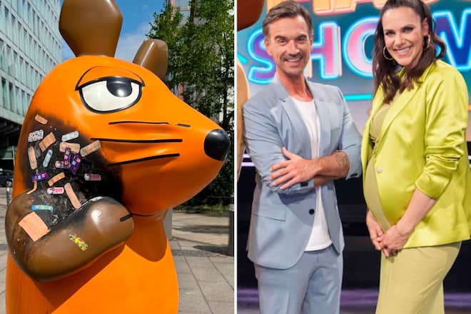 Die verletzte Maus mit Pflastern vor dem WDR-Gebäude - und Florian Silbereisen mit Esther Sedlaczek bei der Aufzeichnung ihrer Abschiedsshow.