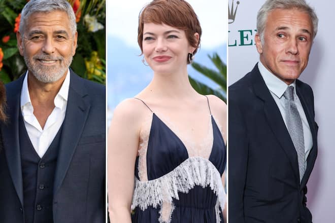 George Clooney (l.), Emma Stone und Christoph Waltz befinden sich 2025 allesamt im Wettbewerb um den Goldenen Löwen von Venedig.