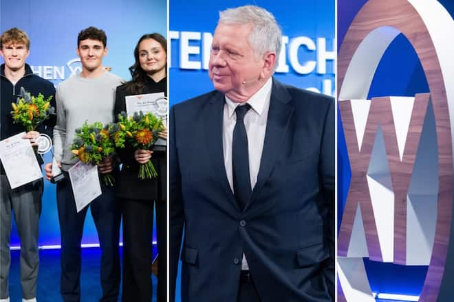 XY-Preisträger bei «Aktenzeichen XY... Ungelöst» - drei der fünf Preisträger und einer der Laudatoren, Schauspieler Rainer Hunold (M.).