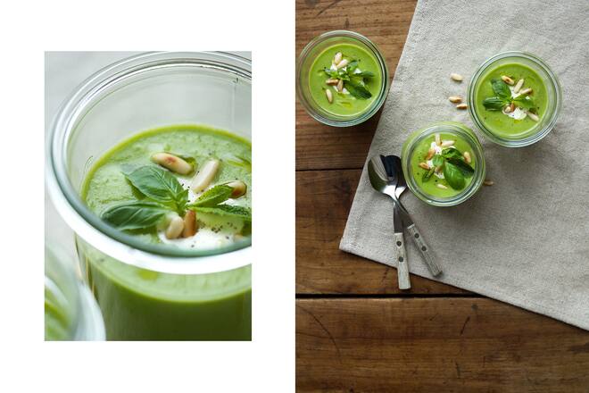 Erbsengazpacho mit Gurke, Minze und Basilikum