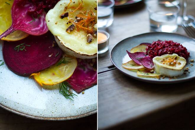 Randen Risotto mit Chèvre Chaud und Randen Carpaccio