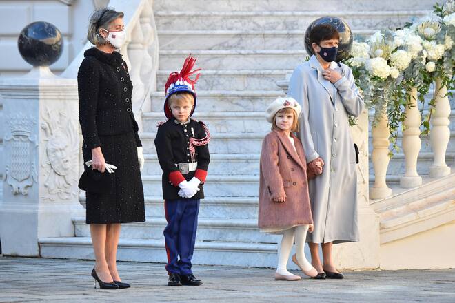 MONTE-CARLO, MONACO - NOVEMBER 19: (EDITORS NOTE : NO TABLOIDS). Princess Caroline of Hanover, Prince Jacques of Monaco, Princess Gabriella of Monaco and Princess Stephanie of Monac attend a military parade in the Palace courtyard during the Monaco National Day Celebrations on November 19, 2021 in Monte-Carlo, Monaco. (Photo by Stephane Cardinale-Pool/Getty Images)