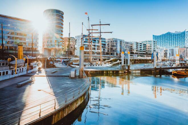 View of the port of Hafencity on a sunny day, Hamburg, Germany
