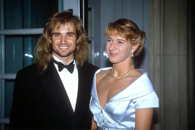 Mandatory Credit: Photo by Brendan Beirne/REX (202335c) ANDRE AGASSI AND STEFFI GRAF Steffi Graf and Andre Agassi, Savoy Hotel, London, Britain - 1992