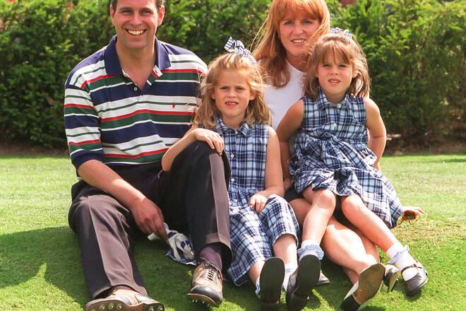WENTWORTH, UNITED KINGDOM, - AUGUST 5; Prince Andrew,The Duke of York and Sarah, The Duchess of York, with daughters, Princess Beatrice, and Princess Eugenie attend the Charity Golf Tournament, at Wentworth Golf Club, on August 5, 1996 in Wentworth, England. ( Photo by UK Press via Getty Images )