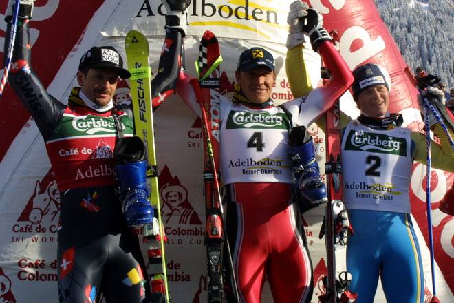 9 Jan 2001: (L to R) Michael Von Grunenigen of Switerland (Second), Herman Maier of Austria (First) and Frederik Nyberg of Sweden (Third) on the podium following the Men's Giant Slalom World Cup event held in Adelboden in Switzerland. Mandatory Credit:Zoom Sports/ALLSPORT