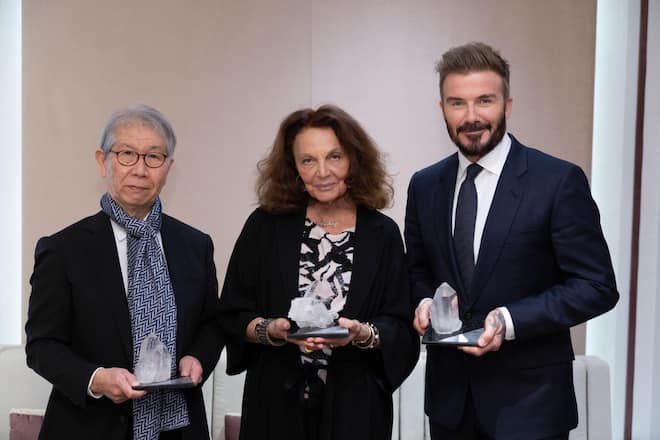 Ausgezeichnet mit Bergkristallen für ihr Engagement: Architekt Riken Yamamoto, Modedesignerin Diane von Fürstenberg und Weltfussballer David Beckham.
