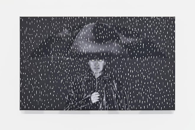 <p>Der Titel des Bildes «Cats and Dogs» zitiert eine englische Redewendung für heftigen Regen. Lichtblick: die Pupillen aus Blattgold.</p>